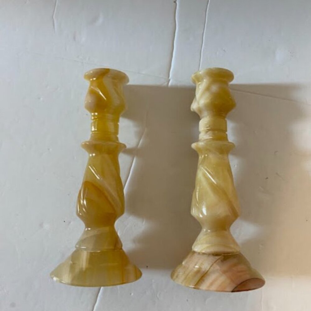 Vintage Banded Onyx Marble Candlestick Holders Set of 2 - 6” Tall - Picture 8 of 8